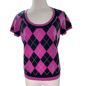 Preppy Argyle Cashmere Short Sleeve Knit Pink Black‎ Talbots Petites M